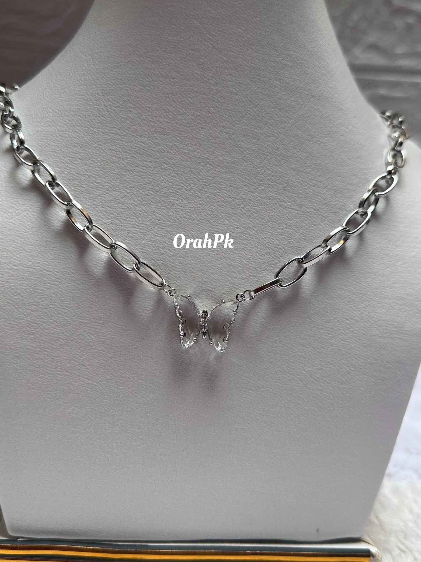 Crystal Butterfly with silver chain-Stainless Steel